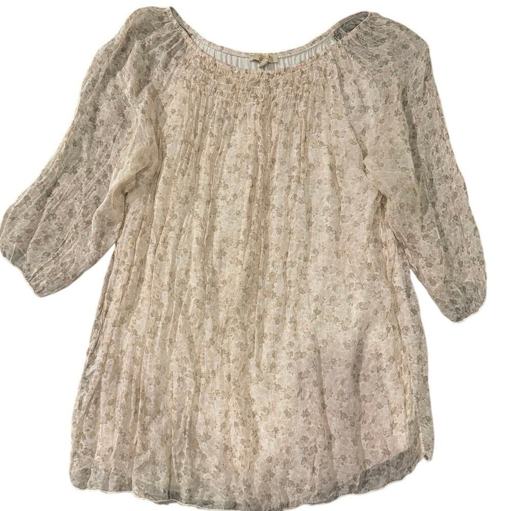 Giusy Women's Blouse Cream Silk Ditsy Floral Sheer Peasant Tops Size Large